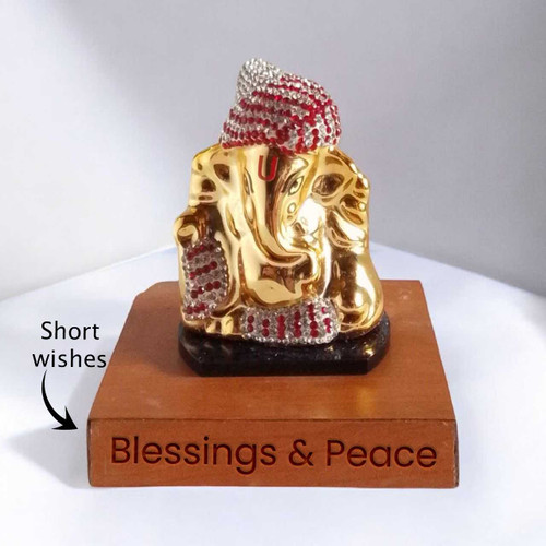 Golden Ganesh Blessings Idol with Personalised Wooden Base Engraved with Wishes SK-1591