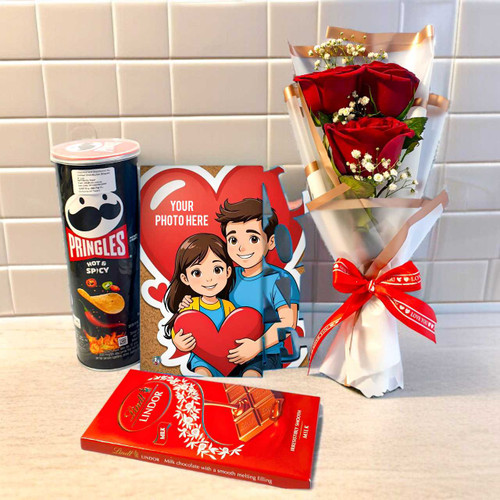 Photo Frame, Rose Bouquet & Snacks Gift Combo JNK-6167
