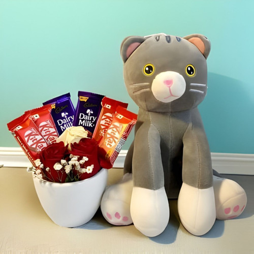 Ceramic Pot with Roses, Chocolates & Kitty Toy