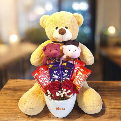 Cute & Romantic Gift with Personalized Pot, Chocolates & Teddy JNK-6177