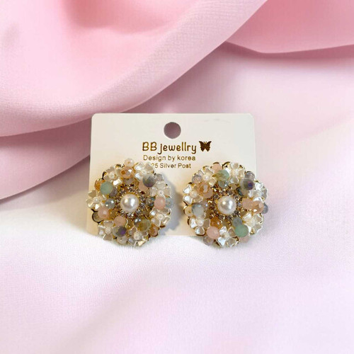 Aurora Borealis Floral Cluster Earrings with Pearl Accent JR-318
