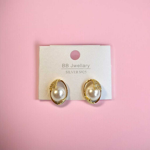 Trendy Gold-Plated Sterling Silver Pearl & Crystal Stud Earrings JR-319