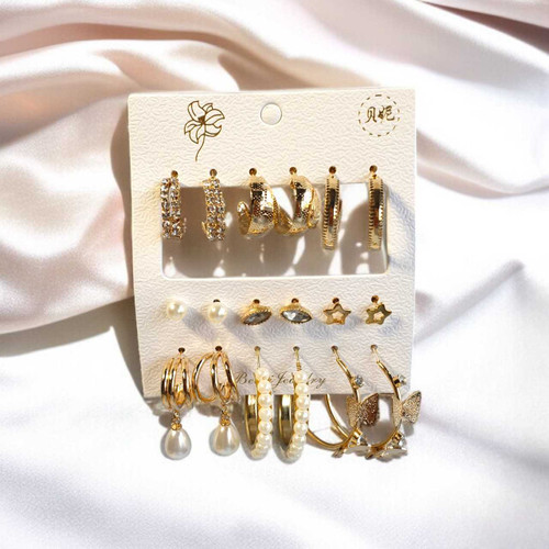 Set of 9 Gold-Tone Fashion Earrings – Studs, Hoops & Dangles JR-321