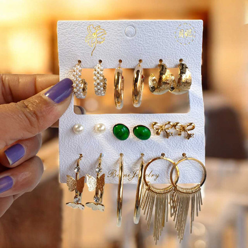 Trendy Multi-Style Earrings Set – 9 Pairs of Studs, Hoops & Danglers JR-320