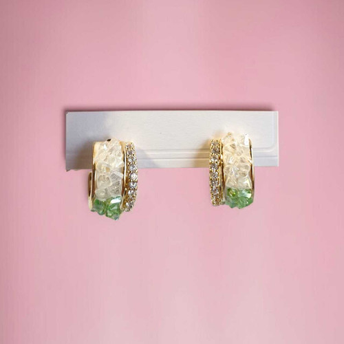 Trendy Gold Half-Hoop Earrings with Clear and Green Crystal JR-322