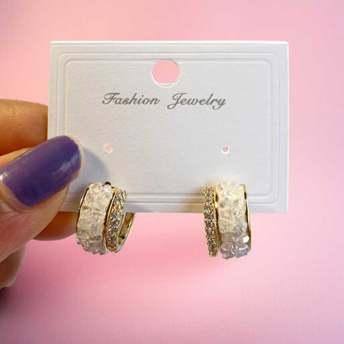 Chic Gold-Tone Half-Hoop Earrings Featuring Clear Finish & Pink Crystals JR-323