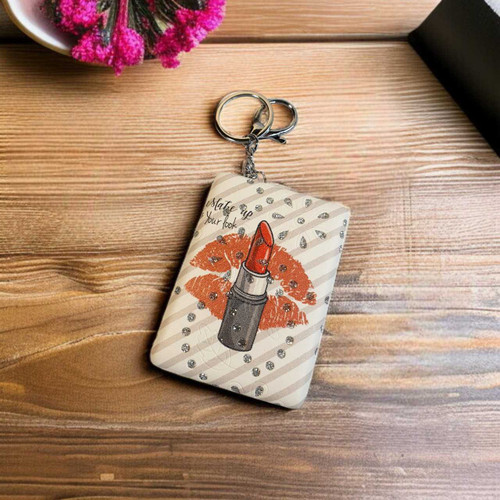 White Mini Keychain Compact Mirror With Lipstick & Lips Design MR-30