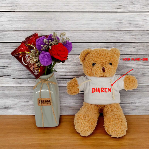 Personalized Teddy with Crochet Flowers & Chocolates Vase JNK-6304