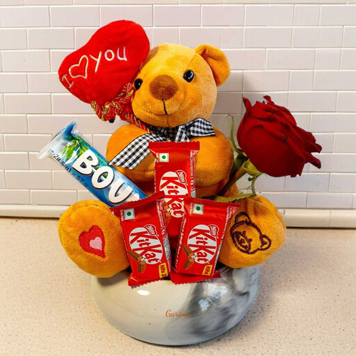 Personalized Vase Gift Set with Teddy, Chocolates & Rose BPL-881