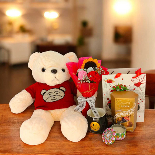 Premium Teddy Love Gift Combo with Sweets, Scented Candle & Crochet Flower Boquet SK-1631