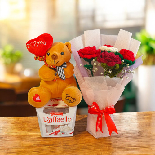 Crochet Roses Bouquet & Teddy Chocolate Gift Set