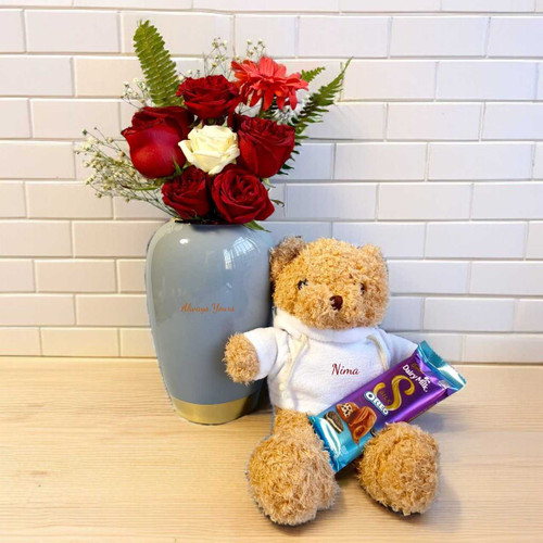 Personalized Teddy, Chocolates & Fresh Flower Surprise Gift BPL-886