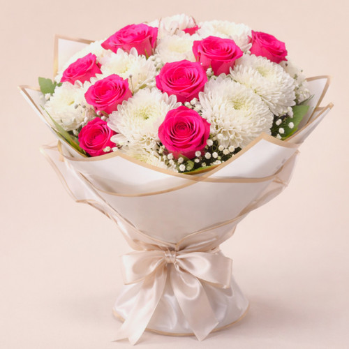 Pink Rose & Godawari White Flower Bouquet
