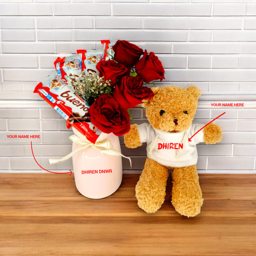 Personalized Plush, Chocolates & Fresh Flowers Gift Set with Custom Name On Vase
