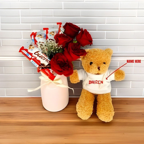 Personalized Plush, Chocolates & Fresh Flowers Gift Set On Vase