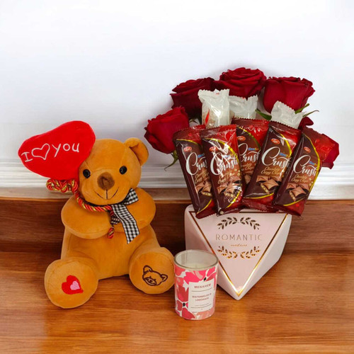 Luxury Plush Teddy with Fresh Roses & Assorted Chocolates Gift Hamper SK-1634
