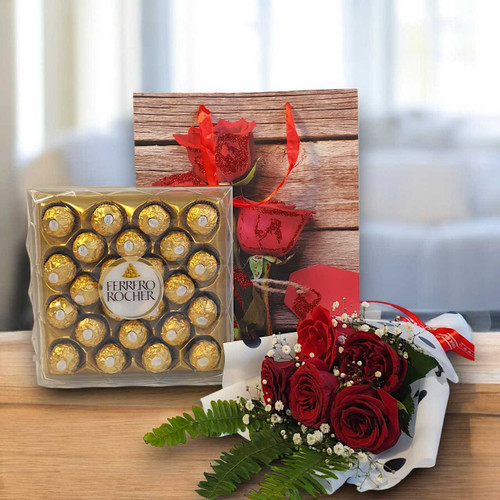 Romantic Roses Bouquet & Ferrero Chocolate Gift Set BPL-897