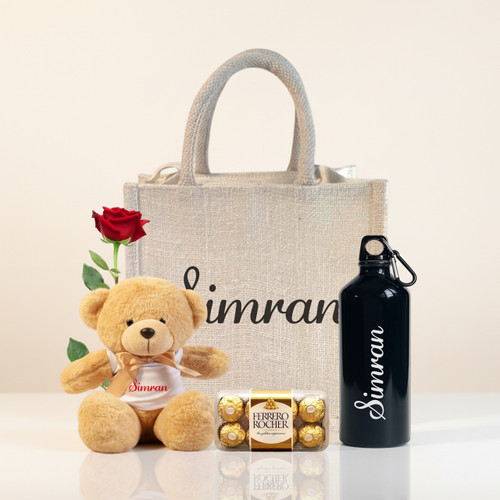 Personalized Romantic Gift Hamper With T-shirt On Teddy , Rose, Chocolates &  Bottle For Her