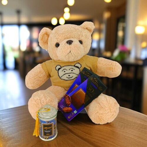 Teddy with Dark Chocolates & Candle Gift Combo JNK-6338