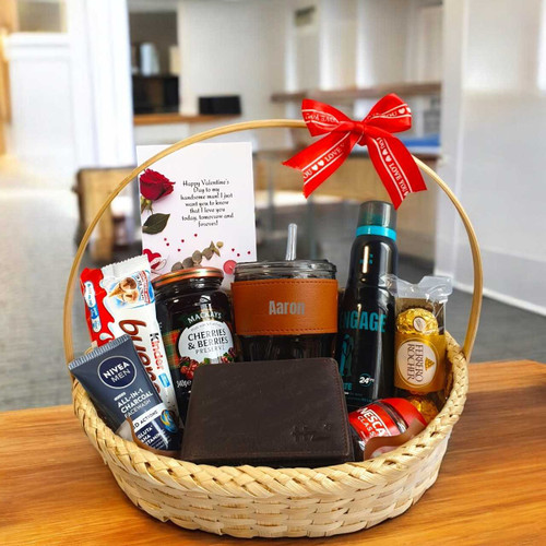 Valentine's Day Gift Basket with Personalized Glass Sipper & Wallet for Him JNK-6340