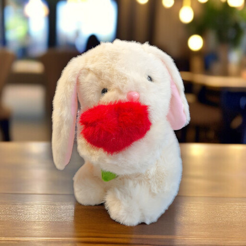 7.5 In. Cream-Colored Fluffy Bunny Holding Adorable Red Heart