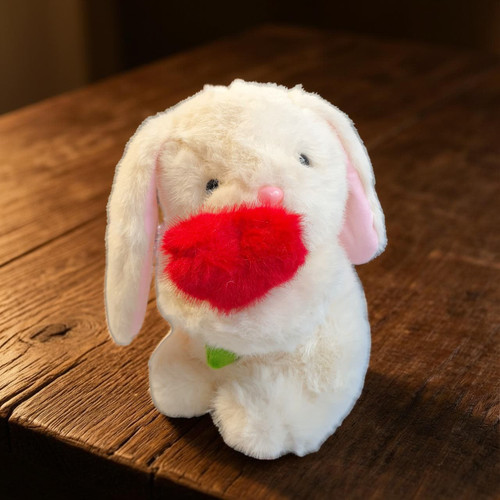7.5 In. Cream-Colored Fluffy Bunny Holding Adorable Red Heart