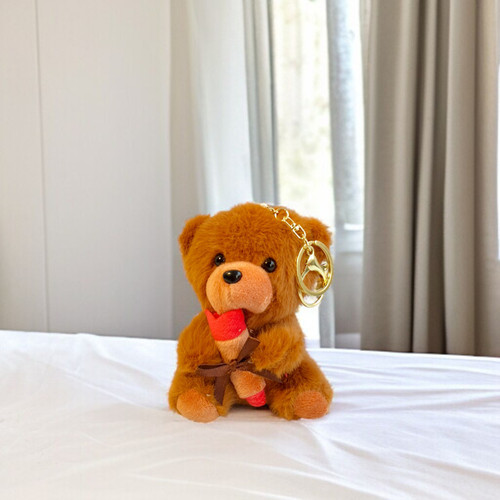 4 In. Adorable Plush Teddy Bear Keychain Holding Roses VT-1351