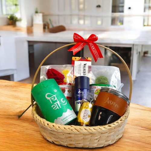 Snacks Gift Basket with Perfume & Personalized Sipper for Him