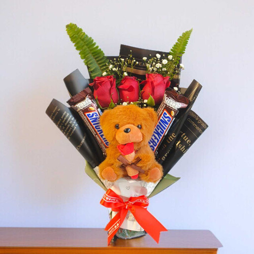 Charming Rose Bouquet with Teddy Keychain & Treats