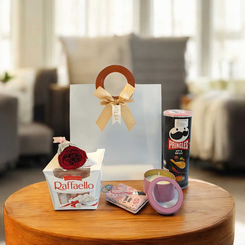 Romantic Bag Hamper with Snacks , Pocket Mirror & Scented Candle BPL-907