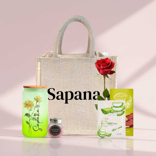 Elegant Romantic Gift Arrangement with Personalized Tumbler, Bag & Sweet Treats SK-1668