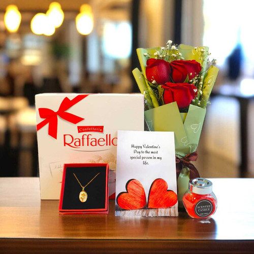 Valentine's Day Gift Set with Roses, Candle, Chocolates & Necklace BPl-912