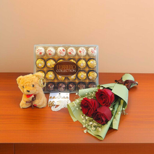 Romantic Bouquet, Ferrero Chocolate, Teddy Charm & Earrings Gift Set BPL-913