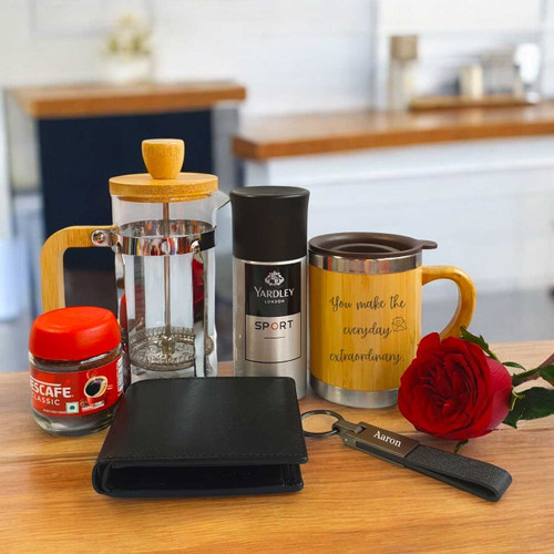 Exclusive Personalized Men’s Gift Hamper with Wallet, Coffee & Red Rose SK-1675