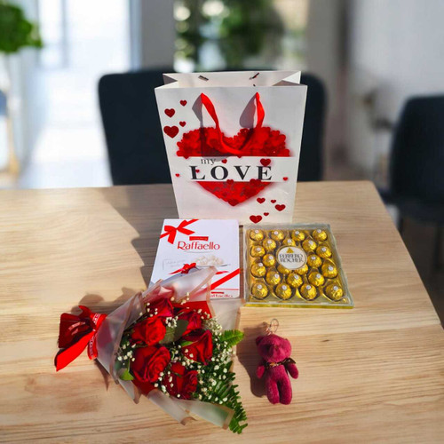 Romantic Bouquet with Teddy Charm & Chocolates Gift Set BPL-919