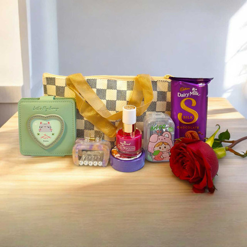 Chic Beauty Accessories & Chocolate Gift Set With Fresh Rose Hamper Set SK-1698