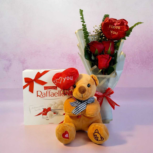 Romantic Teddy, Chocolates & Roses Bouquet BPL-930