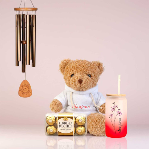 Elegant Personalized Gift Hamper with Teddy, Wind Chime & Chocolates SK-1722