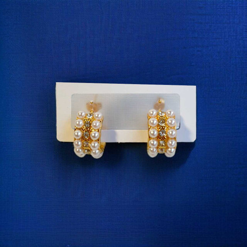 Gold-Toned Half-Hoop Earrings with White Pearls JR-357