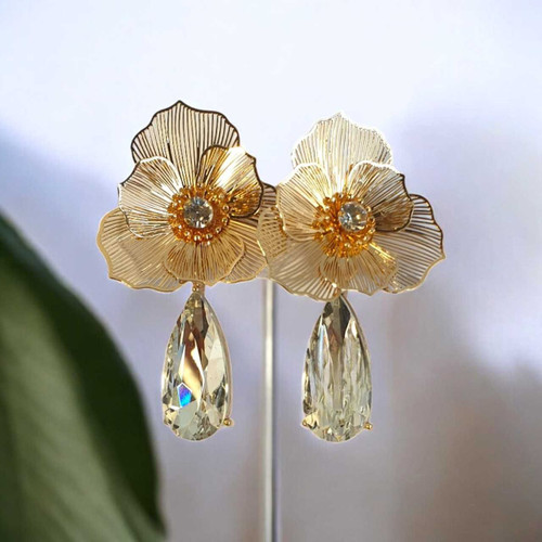 Gold-Tone Brass Flower Stud Earrings with Teardrop Crystal Dangle