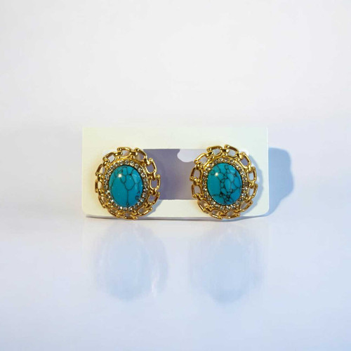 Gold-Tone Turquoise Oval Stud Earrings JR-355
