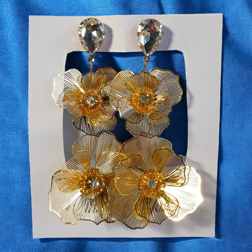 Gold-Toned Brass Flower Teardrop Earrings with Crystal Accent JR-368