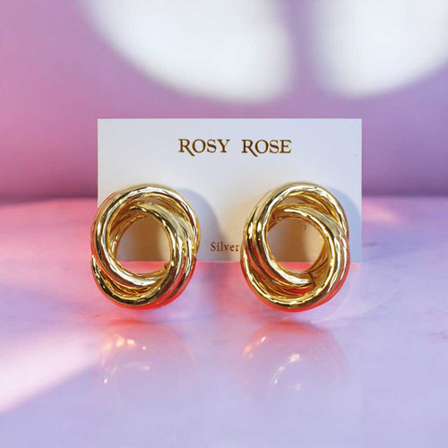 Rosy Rose Trendy Twisted Gold-Tone Brass Hoop Stud Earrings JR-373