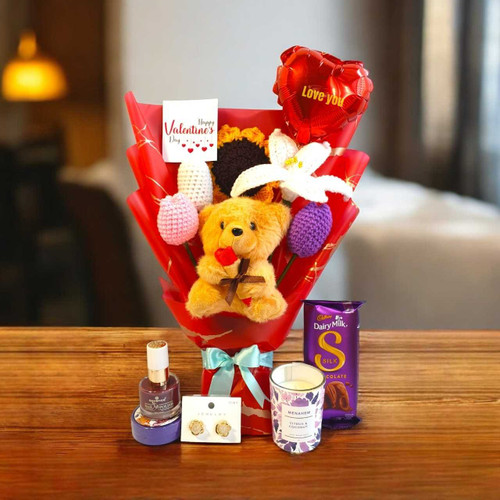 Crochet Flower Bouquet with Teddy, Chocolates & Accessories SPM-561