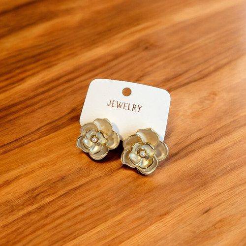 Silver-Tone Floral Stud Earrings with Pearl Center & Gold-Trimmed Petals