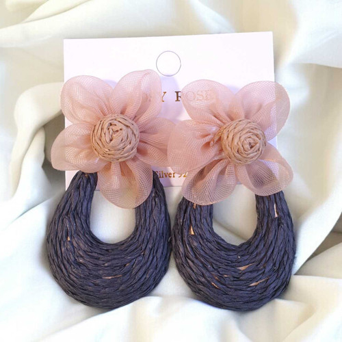 Bohemian Brass Raffia Straw-Wrapped Flower Drop Dangle Earrings JR-385