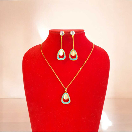 Stylish Gold-Tone Brass Necklace & Earring Set with Turquoise Enamel & Pearl JL-97