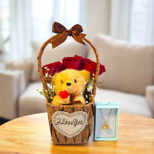 Elegant Jewellery with Roses & Teddy Keyring Basket BPL-937