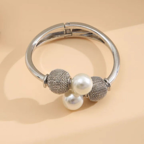 Silver-Tone Open Cuff Bracelet with Large and Small Pearl Accents