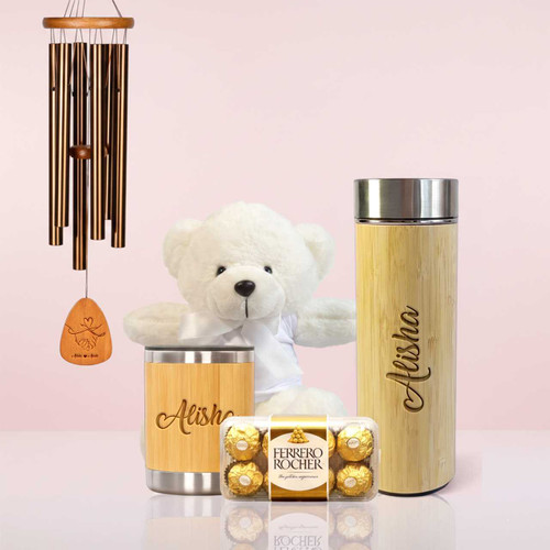 Personalized Luxury Gift Hamper for Her with Chocolates, Teddy & Wind Chime SK-1732